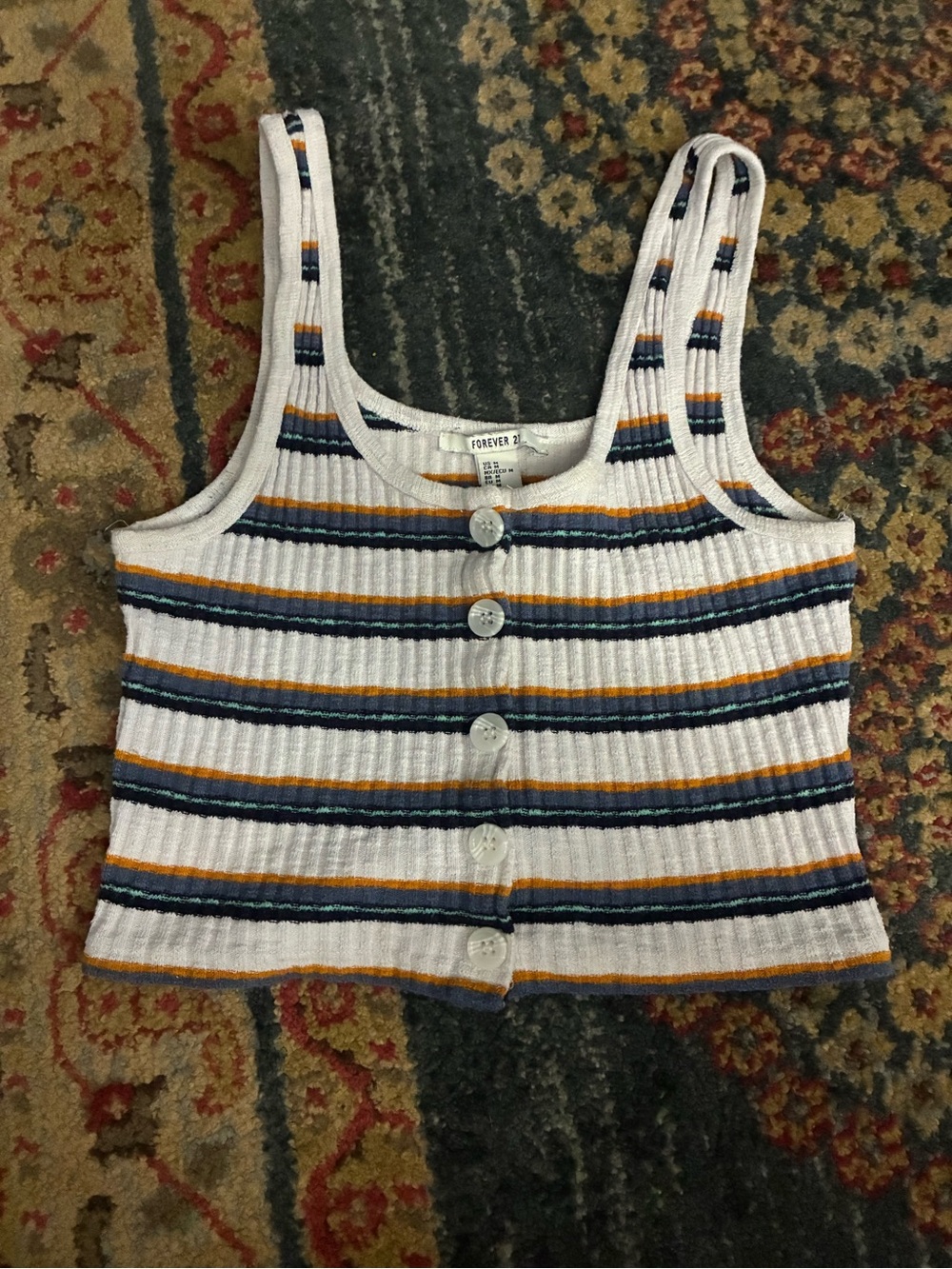 Forever 21 White Striped Ribbed Button Tank with Navy & Mustard